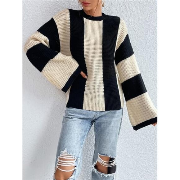 Sweaters - Two Tone Striped Knit Sweater- Black/White